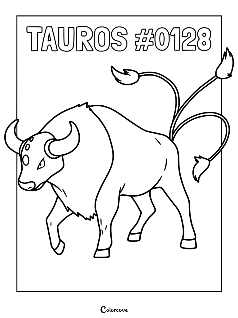 A printable coloring page featuring Tauros with its three tails and sharp horns.