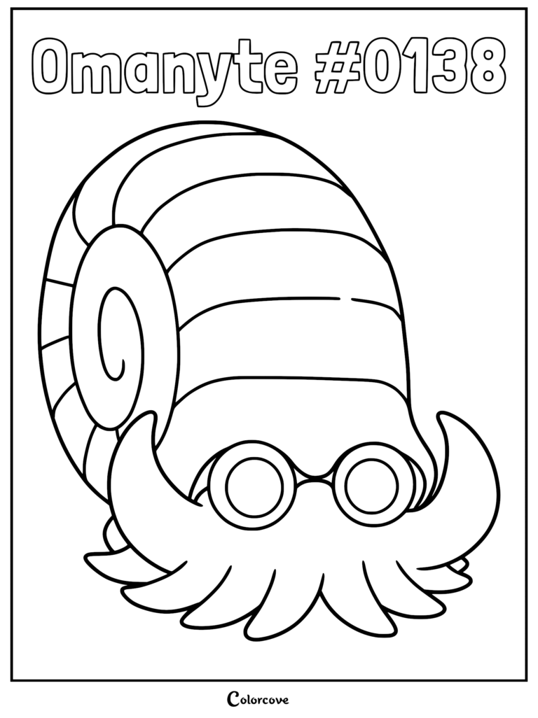 Omanyte #0138 with its spiral shell and tentacles in a printable coloring page format.
