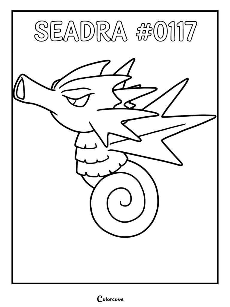 Seadra Pokemon coloring page featuring the seahorse-like creature with sharp dorsal fins and a curled tail.