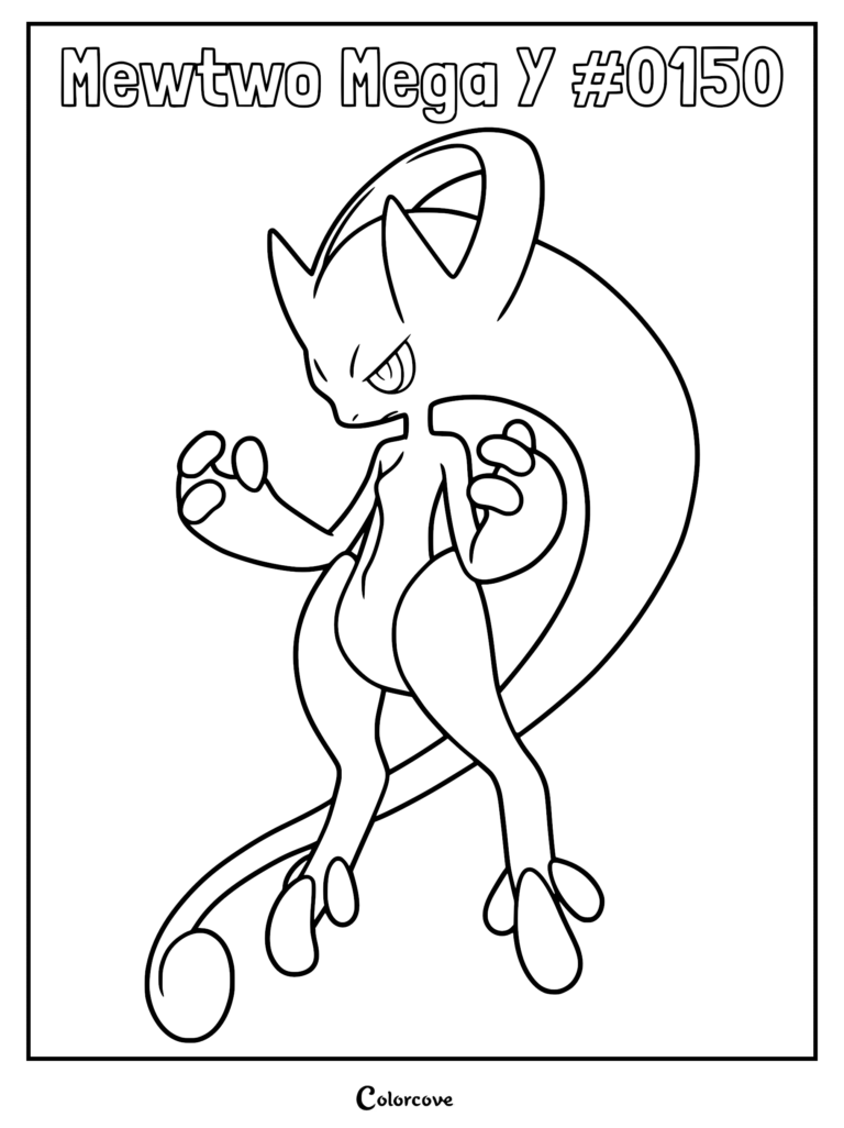 Mewtwo Mega Y coloring page featuring the legendary Pokemon with its distinct head crest and long tail.