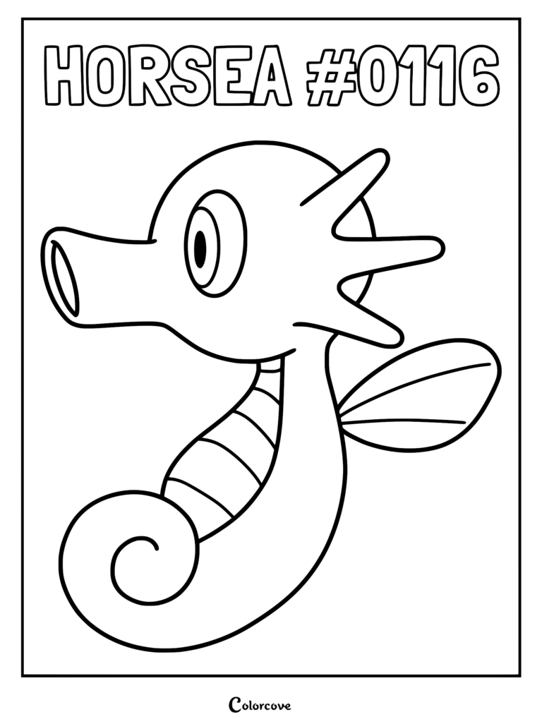 A simple line art coloring page of Horsea, the Kanto region water-type Pokemon, featuring its signature snout, fin, and curled tail.