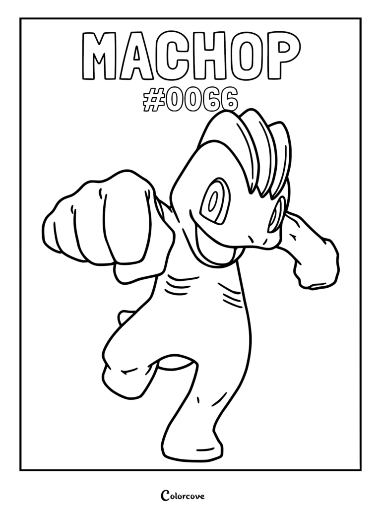 Machop throwing a powerful punch in this printable coloring page featuring the Kanto Pokemon #0066.