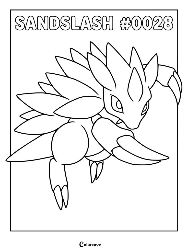 Sandslash #0028 with sharp quills and large claws in a dynamic pose on a printable coloring page.