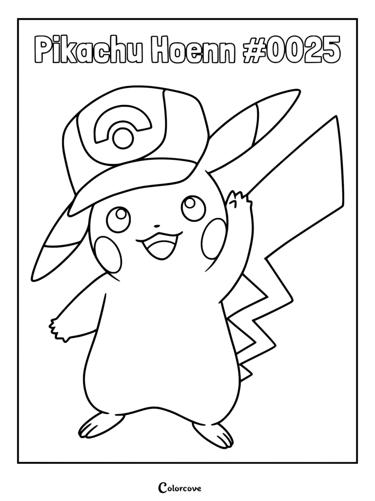 Pikachu wearing a Hoenn region trainer cap, line art coloring page for kids