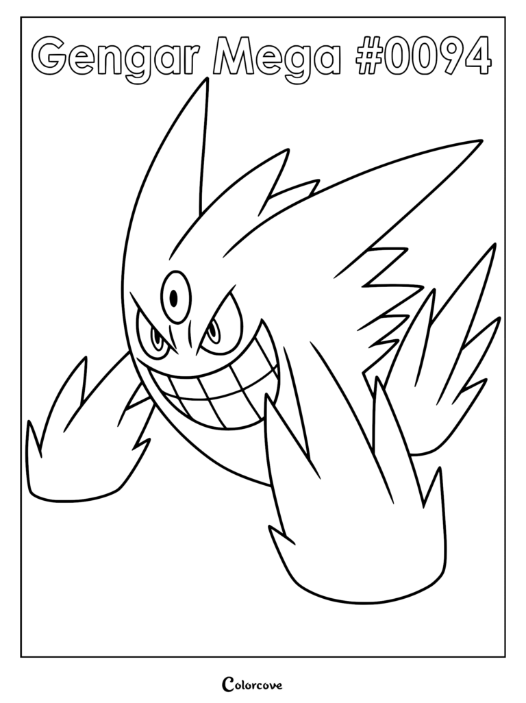 Mega Gengar with a third eye and large claws in a printable coloring page format.