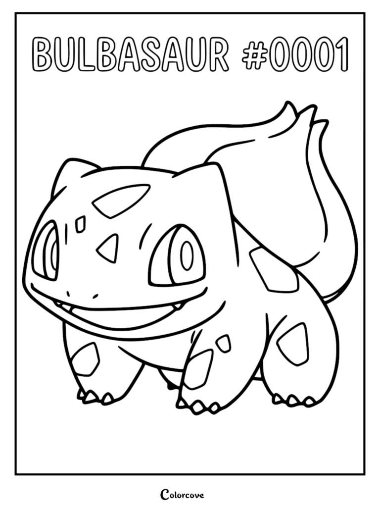 A clean line art coloring page of Bulbasaur #0001 standing with its signature bulb on its back.