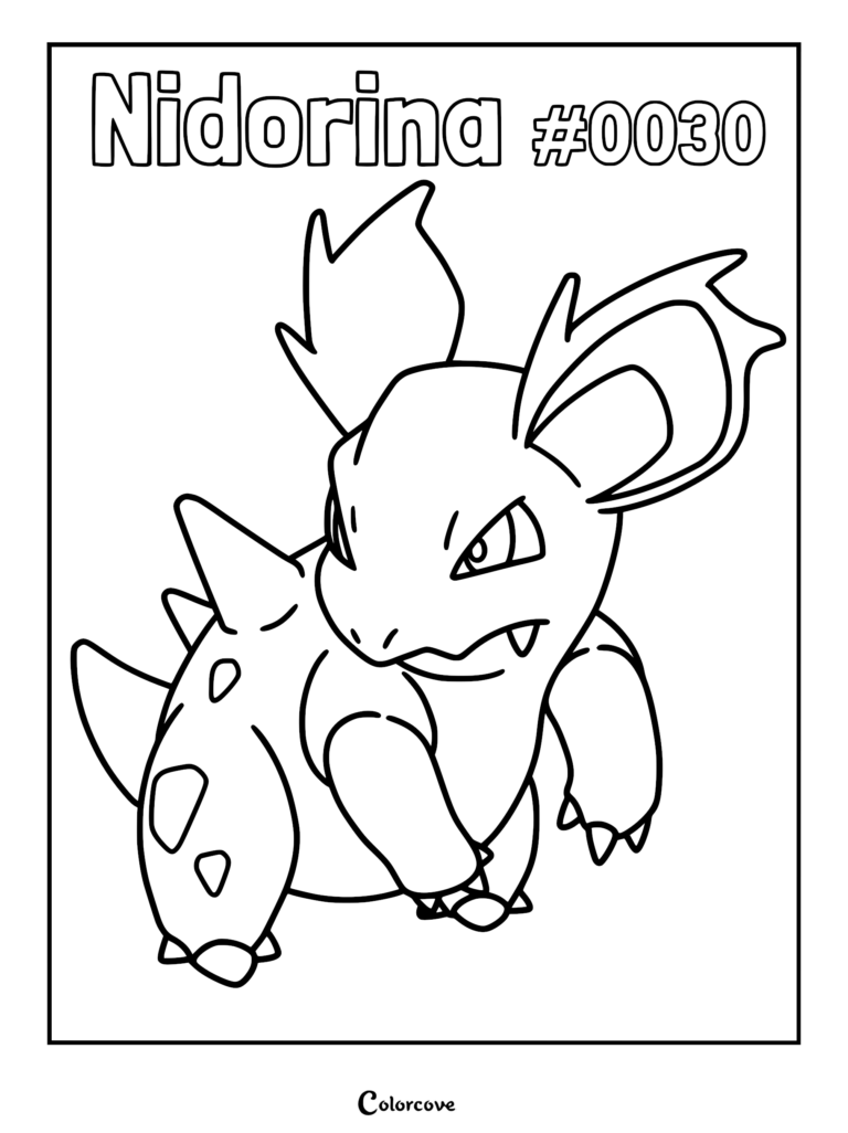 A printable coloring page featuring Nidorina with its signature large ears and back spikes.