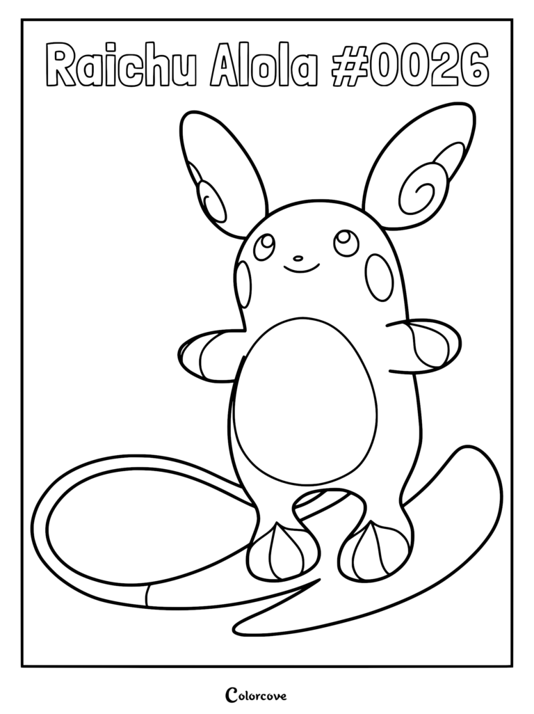Alolan Raichu surfing on its tail in this printable coloring page.