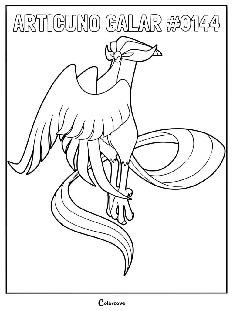 Galarian Articuno with its signature mask-like feathers and long flowing tail in a printable coloring page format.