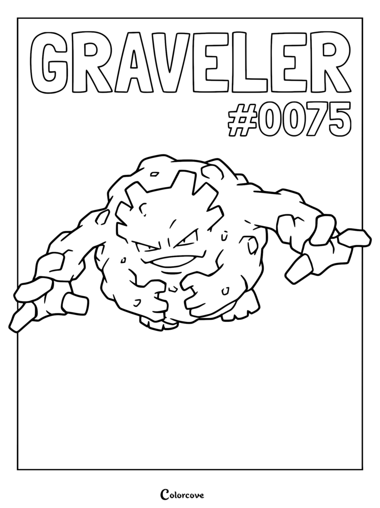 Graveler #0075 Pokemon coloring page featuring the rock-type creature with four arms and a jagged, boulder-like body.