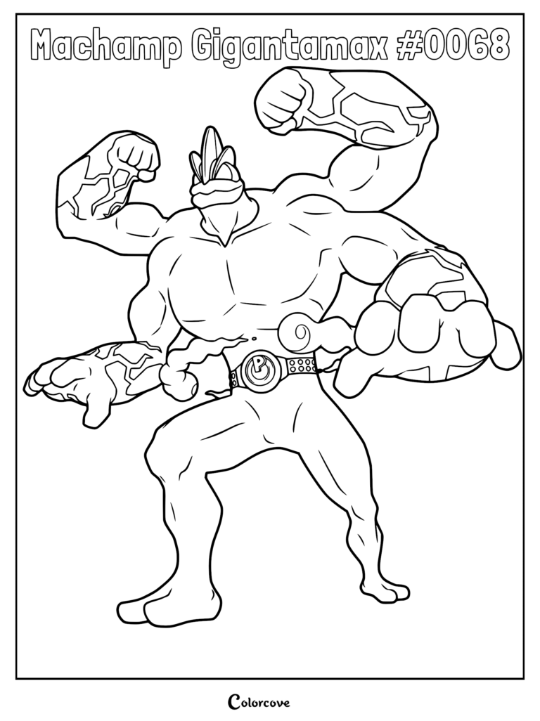 Gigantamax Machamp with four muscular arms and glowing energy patterns on a printable coloring page.