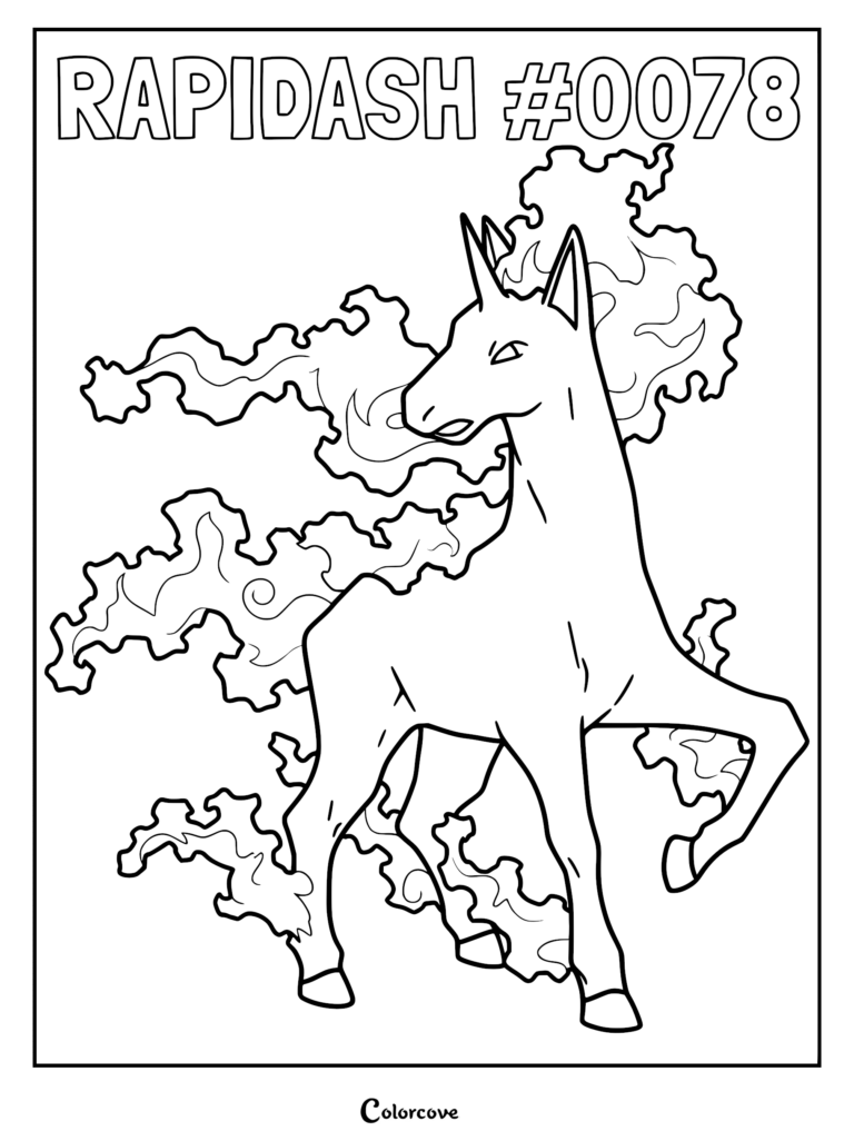 A printable coloring page featuring Rapidash with its signature flowing fire mane and tail.