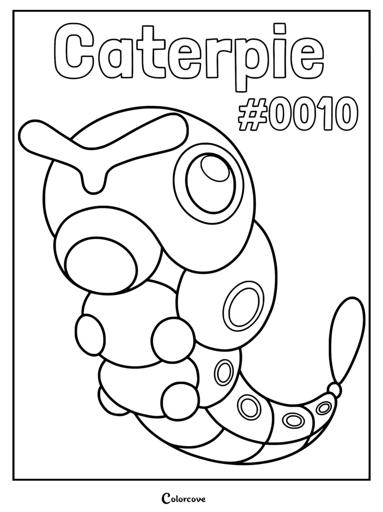 Caterpie #0010 line art coloring page featuring the Kanto bug-type Pokemon with its signature antenna and segmented body.