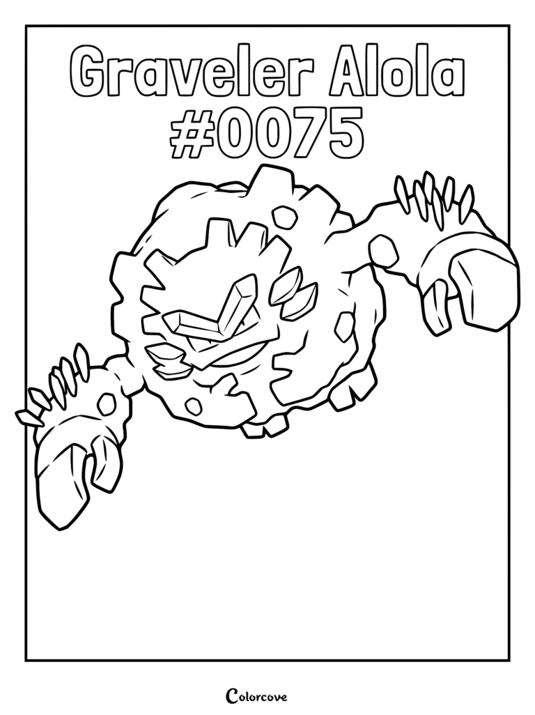 Alolan Graveler with crystalline features and rocky arms in a printable coloring page format.