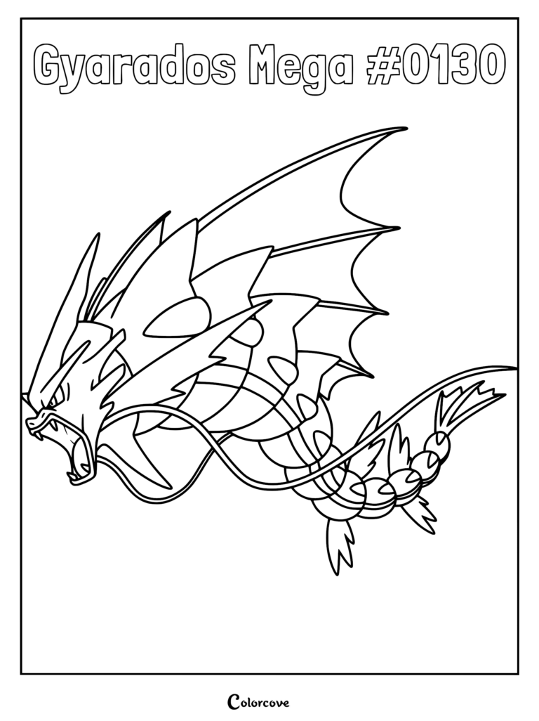 Mega Gyarados with large fins and long whiskers in a detailed line art coloring page.
