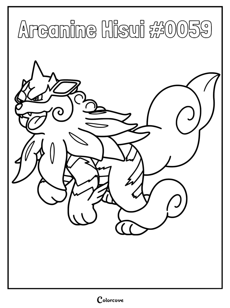 Hisuian Arcanine with rock-like fur and a large, swirling tail in a printable coloring page format.