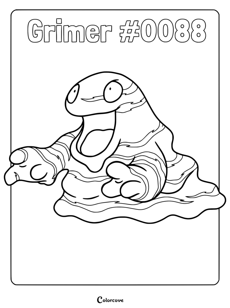 A printable coloring page featuring Grimer with its signature sludge-like body and wide open mouth.