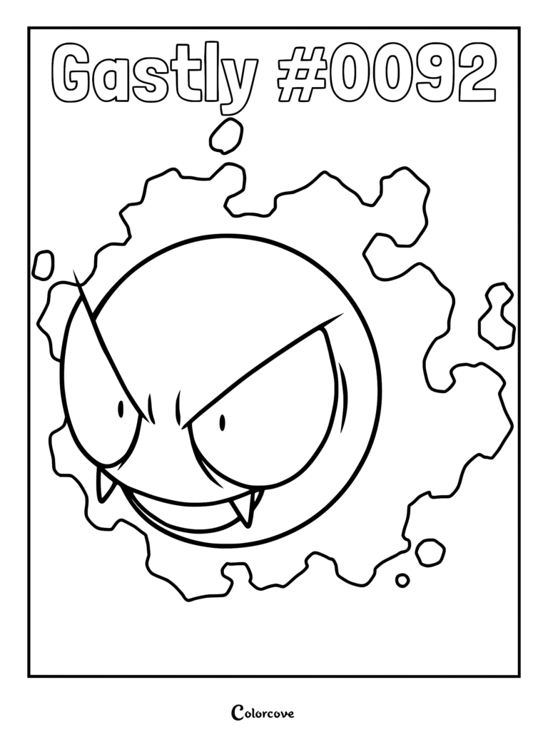 A printable Gastly coloring page featuring the ghost-type Pokemon surrounded by a gaseous purple-ready cloud outline.