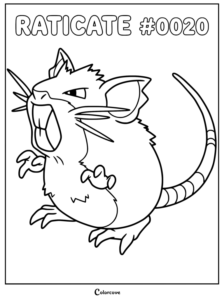 Raticate with large front teeth and long whiskers in a printable coloring page style.