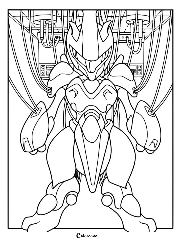 Armored Mewtwo wearing its containment suit connected to laboratory cables in this detailed coloring page.