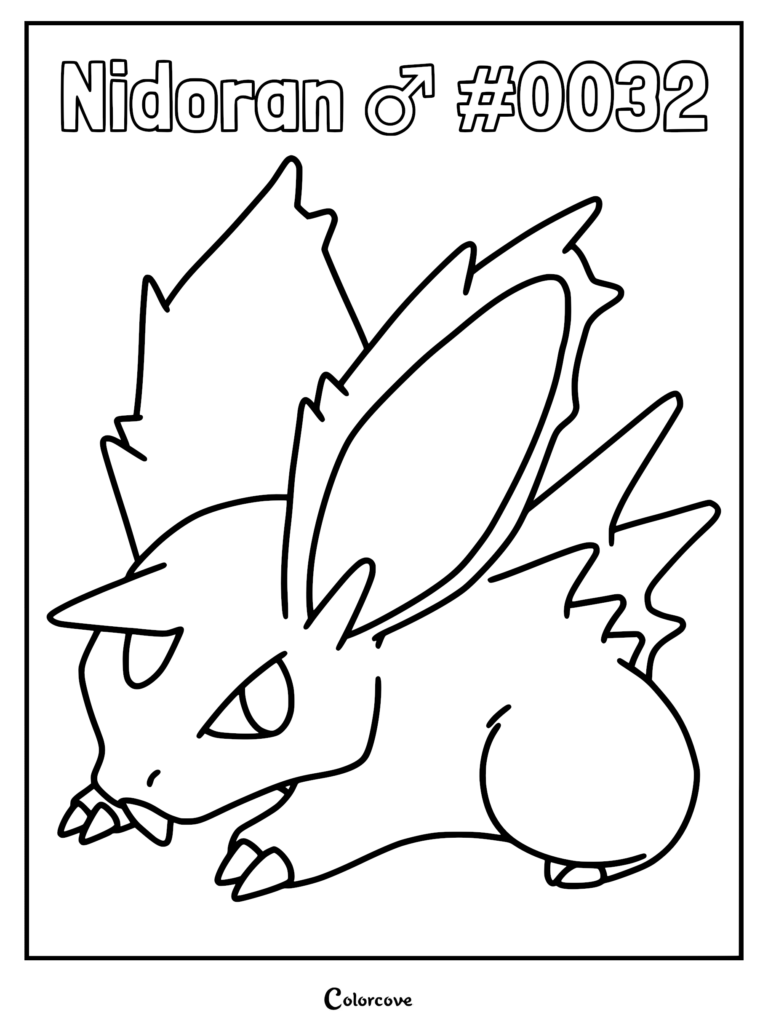 A printable coloring page featuring the Kanto Pokemon Nidoran Male with its signature large ears and horn.