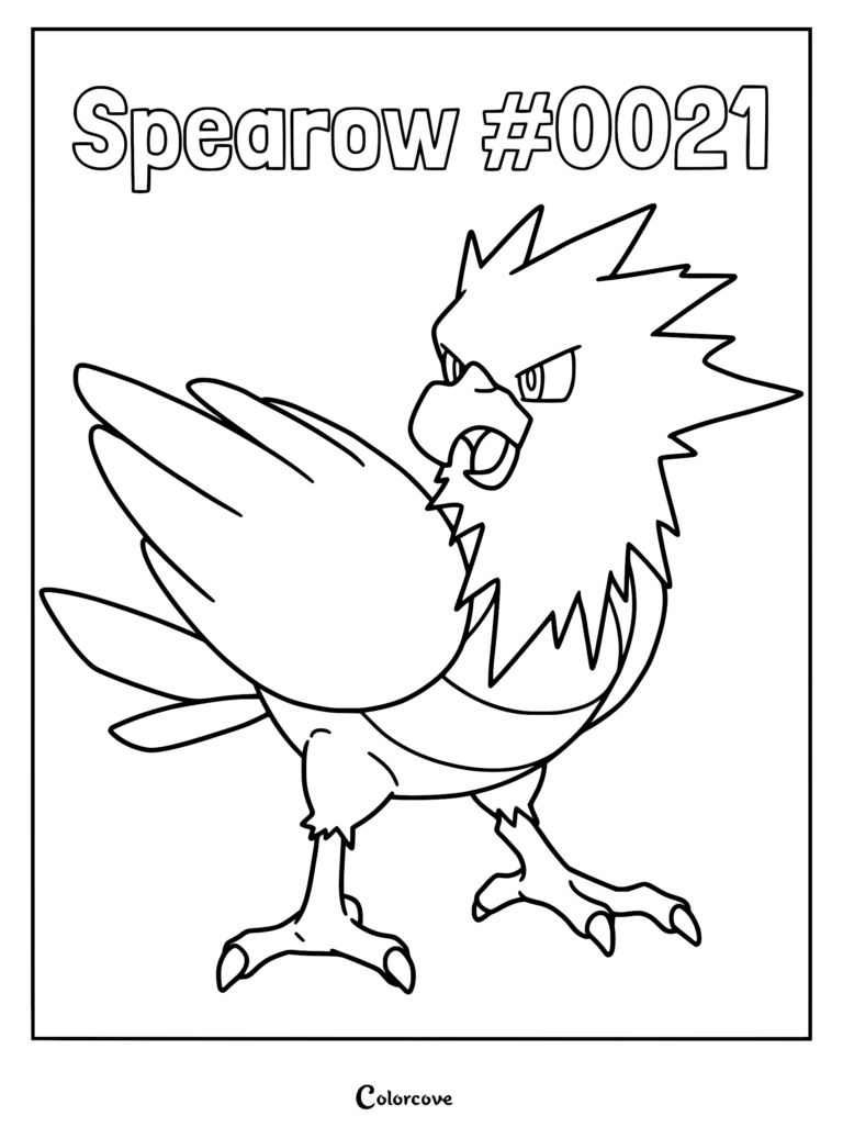 A detailed line art coloring page of the Kanto Pokemon Spearow with its wings tucked and beak open.