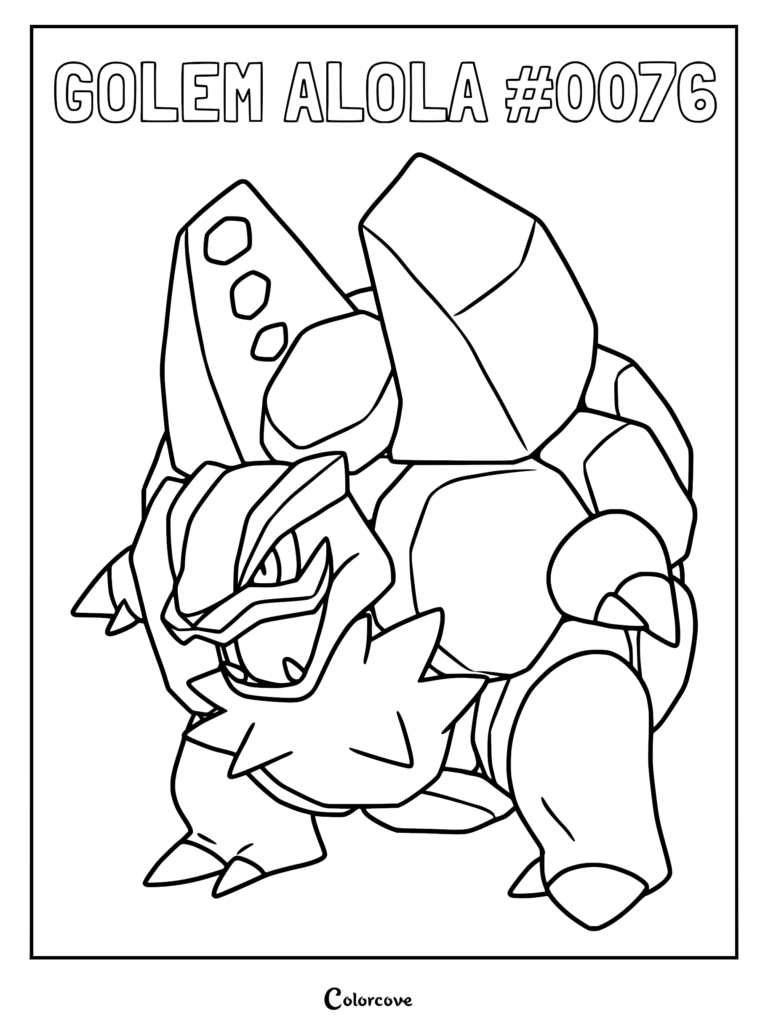 Alolan Golem with its signature magnetic cannon on its back in a printable coloring page format.