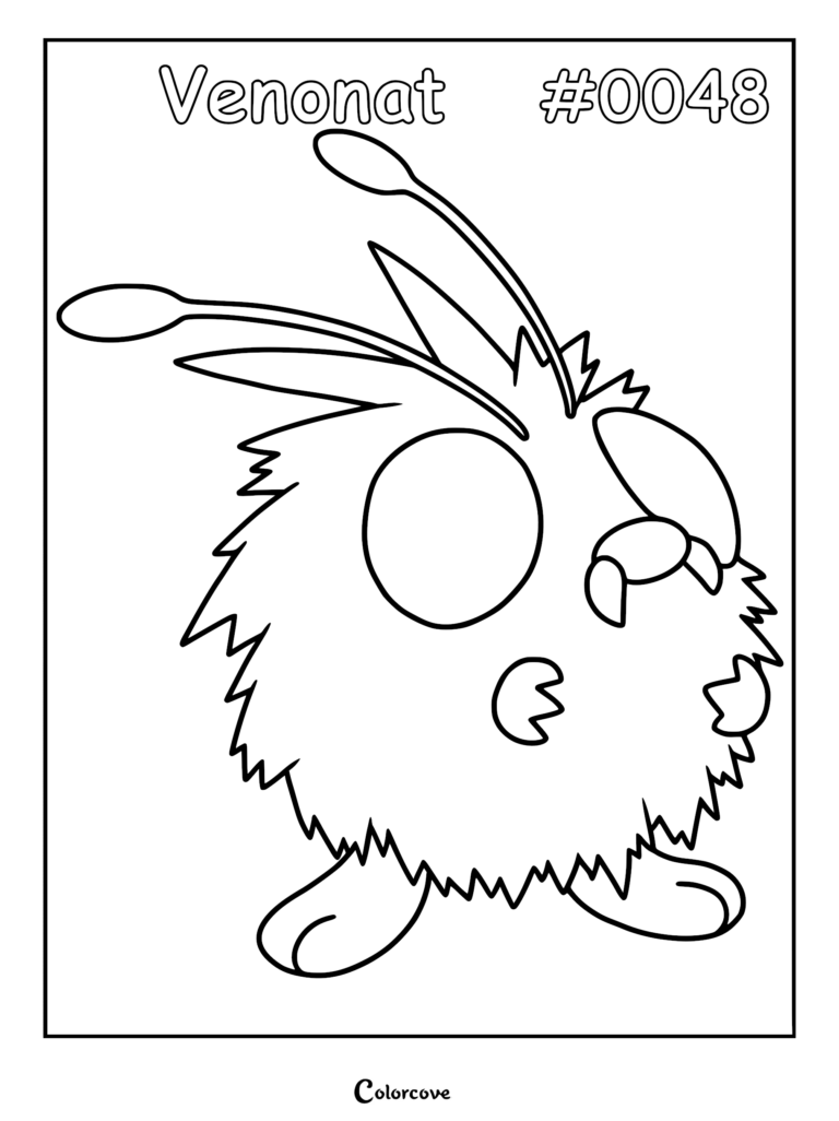 Venonat coloring page featuring the Kanto region bug-type Pokemon with its signature large eyes and antennae.
