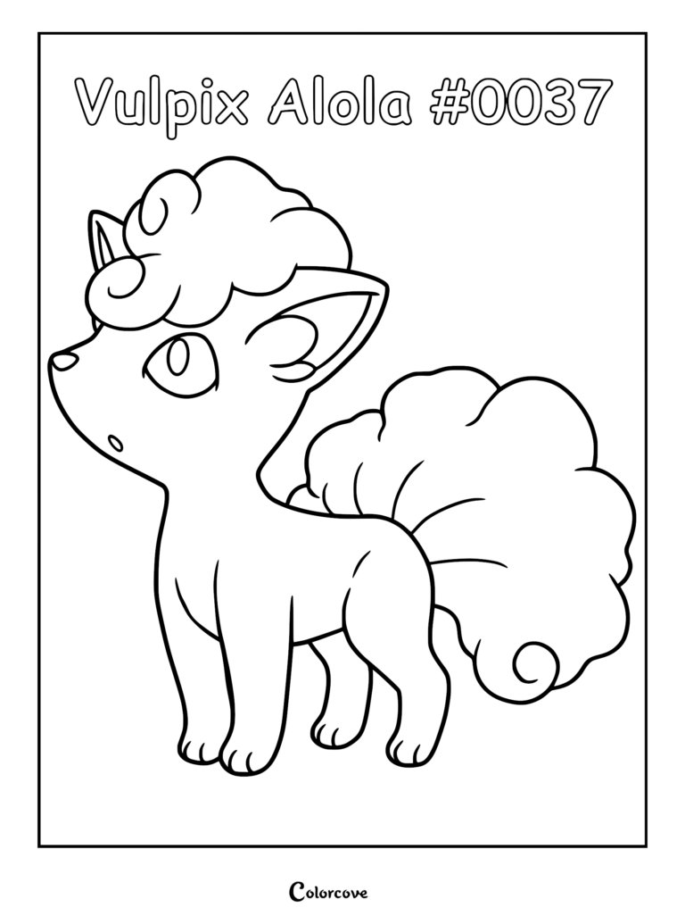 Line art coloring page of Alolan Vulpix with curly hair and a fluffy tail.