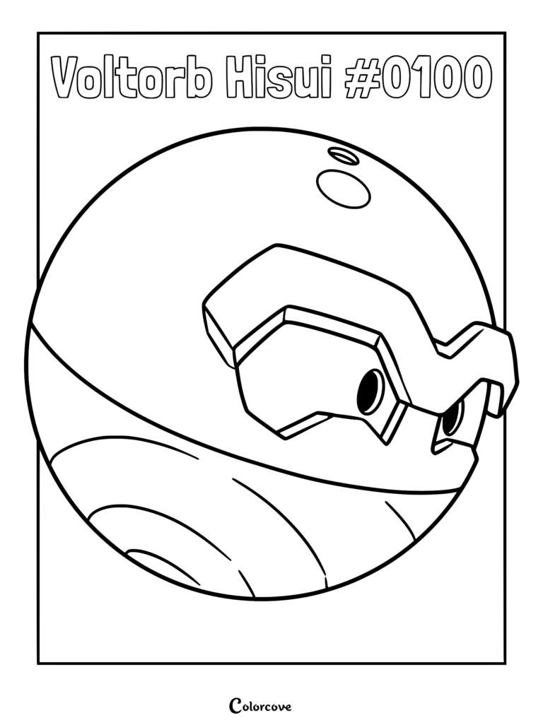 A detailed line art coloring page of Hisuian Voltorb featuring its wooden texture and unique facial features.