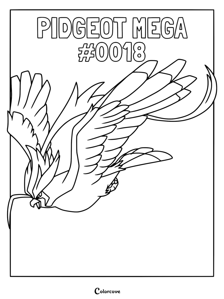 Mega Pidgeot flying with wings spread wide in a detailed coloring page.