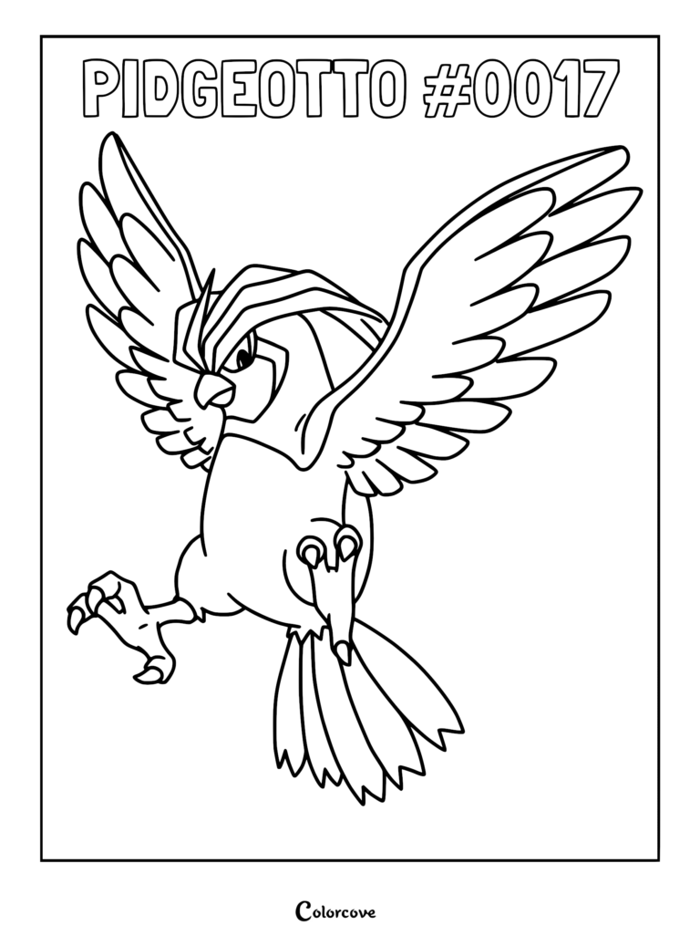 Pidgeotto flying with wings spread wide in this printable Kanto Pokemon coloring page.