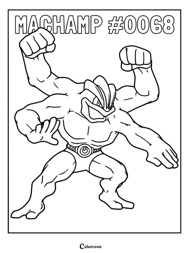Machamp with four muscular arms flexing in a powerful pose on a printable coloring page.