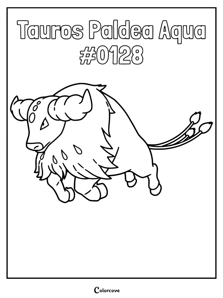 A printable coloring page featuring Tauros Paldea Aqua with its signature triple tail and water-type markings.