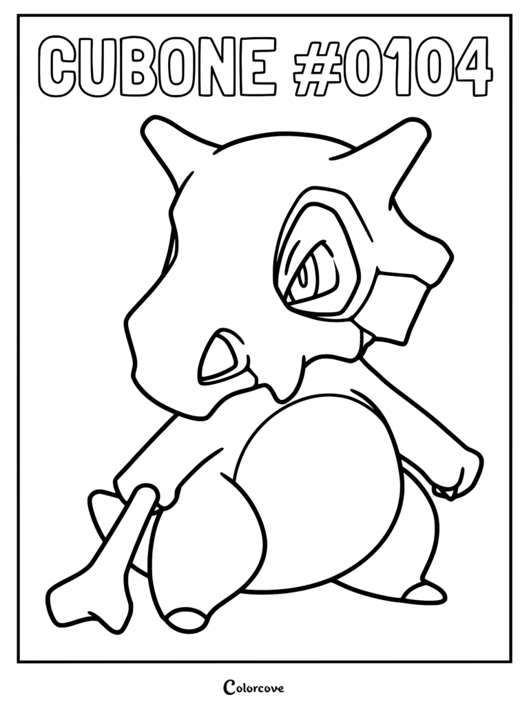Cubone #0104 sitting and holding a bone in this printable Pokemon coloring page