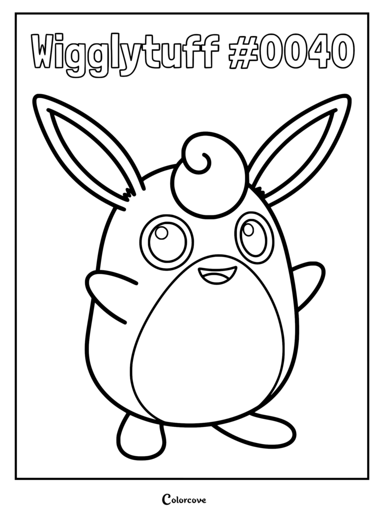 A printable coloring page featuring the Kanto Pokemon Wigglytuff with its signature curly tuft and long ears.