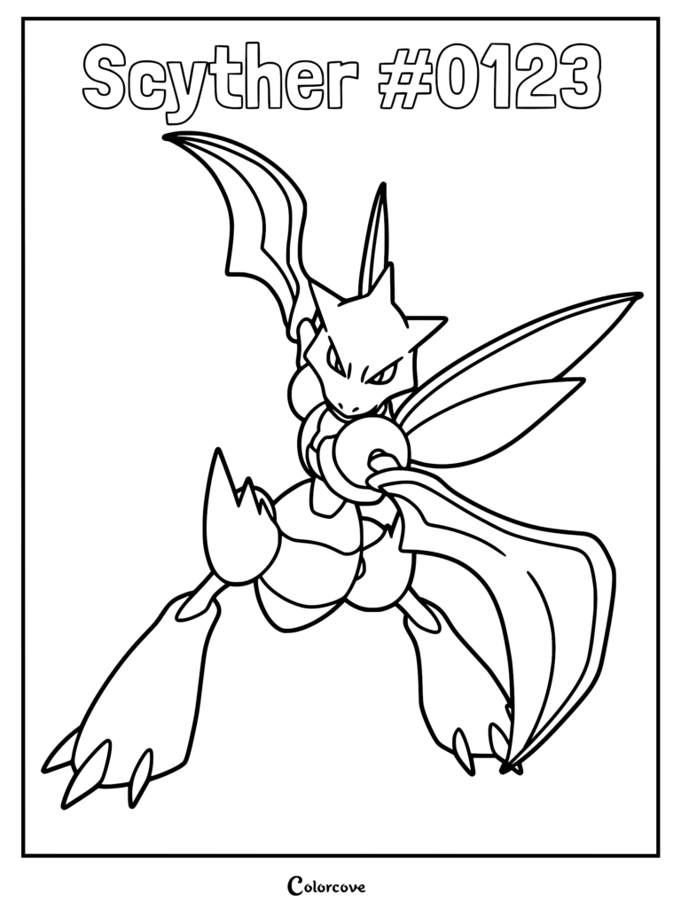 Scyther #0123 standing in a dynamic battle pose with sharp scythe arms, black and white line art coloring page.