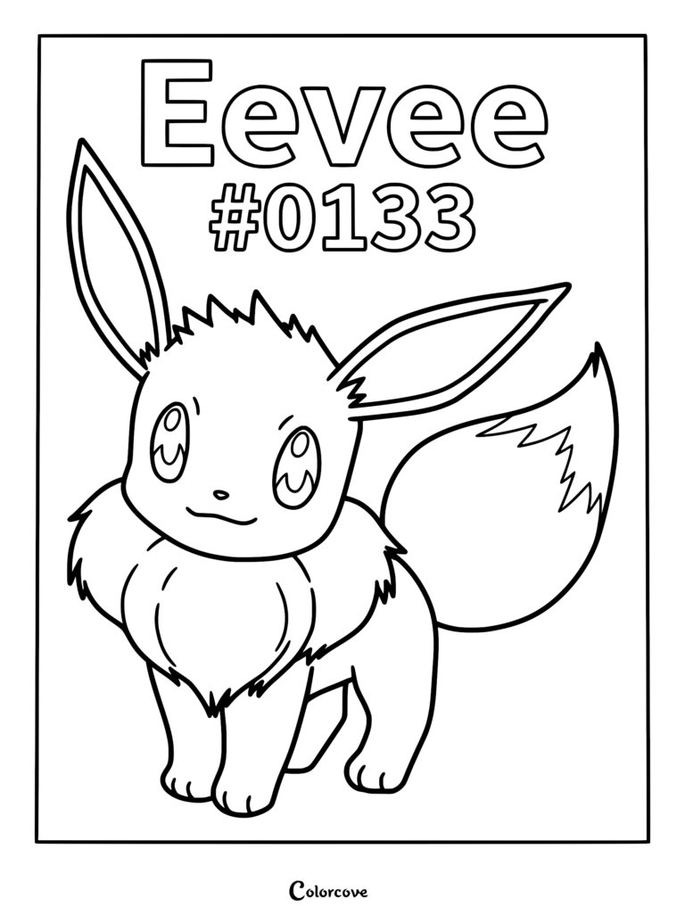 Eevee #0133 standing in a simple line art coloring page style with large ears and a fluffy tail.
