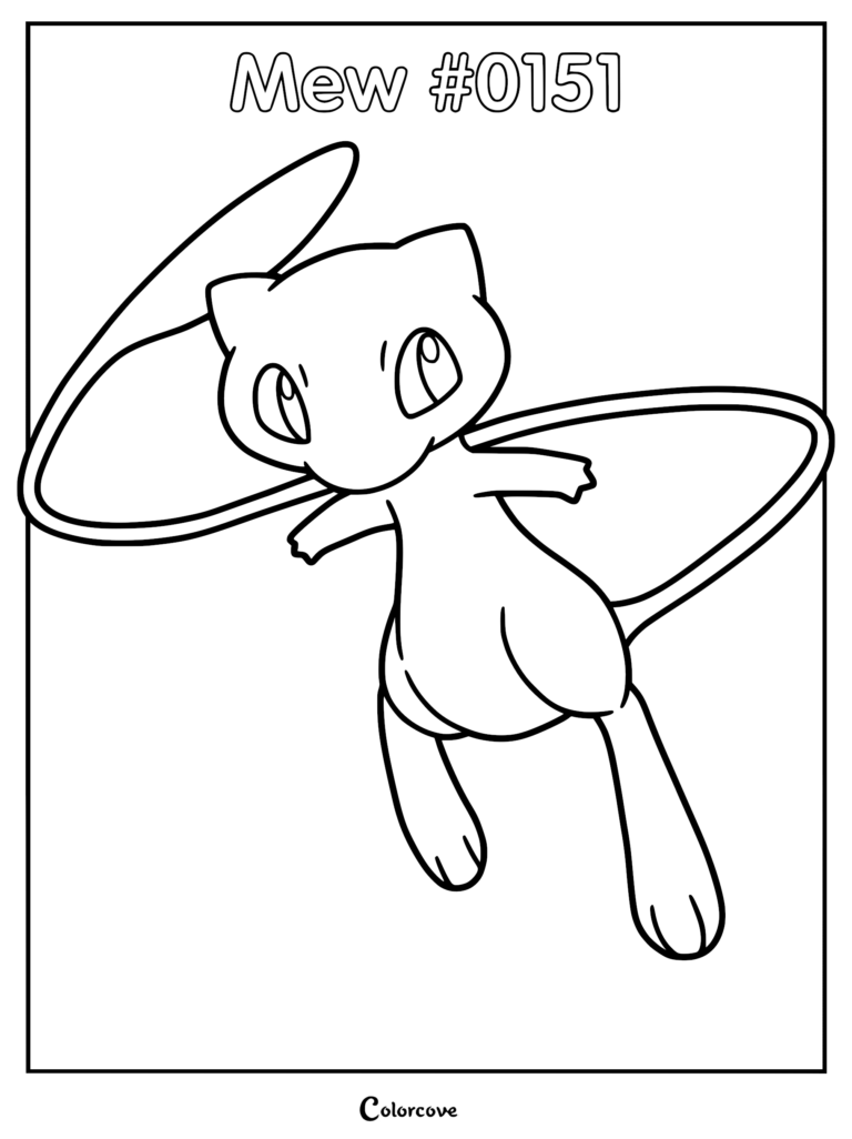 Mew floating in the air with its long tail curved behind it, presented as a clean line art coloring page.