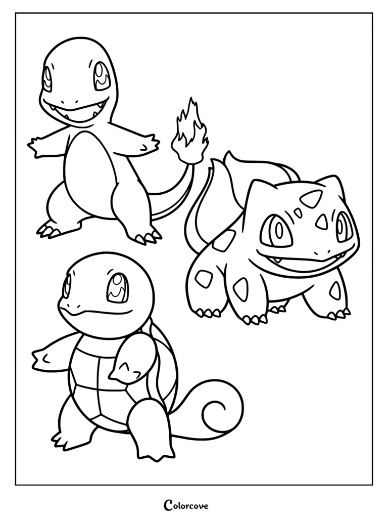 Charmander, Bulbasaur, and Squirtle standing together in this Kanto starter Pokemon coloring page.