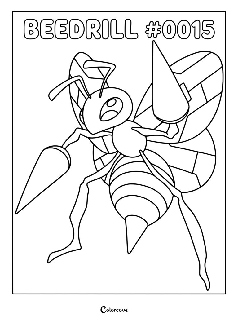 Beedrill #0015 from Kanto region with pointed stingers and wings in a printable coloring page format.