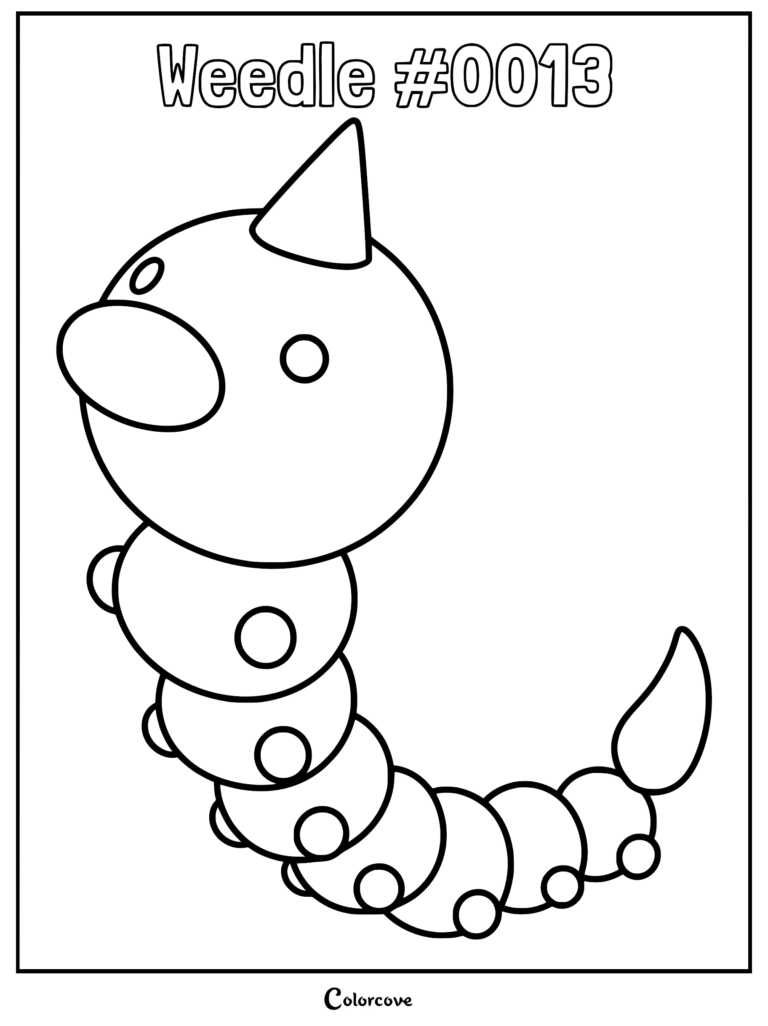 A simple black and white line art coloring page of the Kanto Pokemon Weedle featuring its segmented body and pointed stinger.