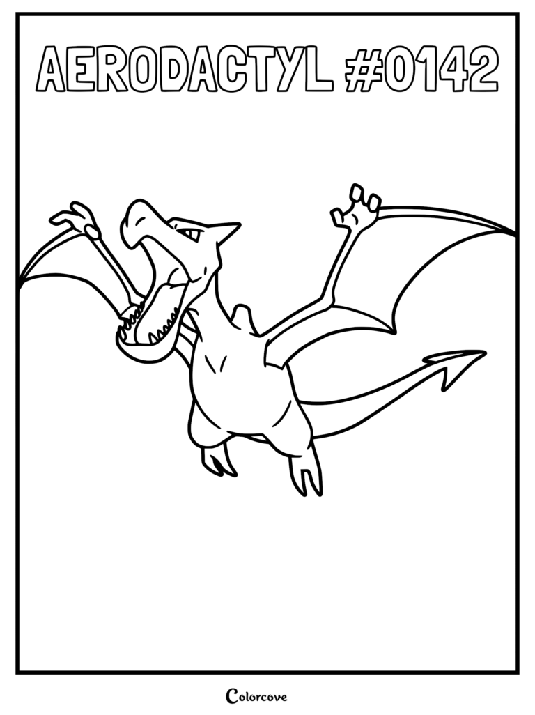 Aerodactyl flying with mouth open in a printable coloring page style line art.