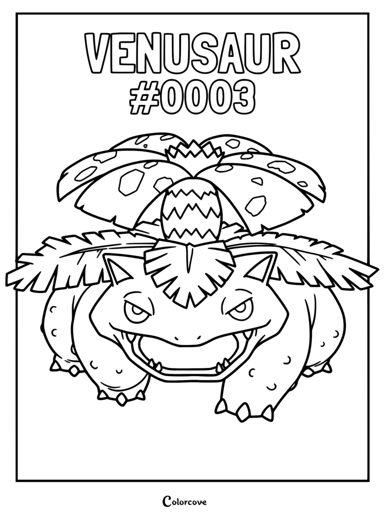 Venusaur #0003 with a large flower on its back in a printable coloring page format.