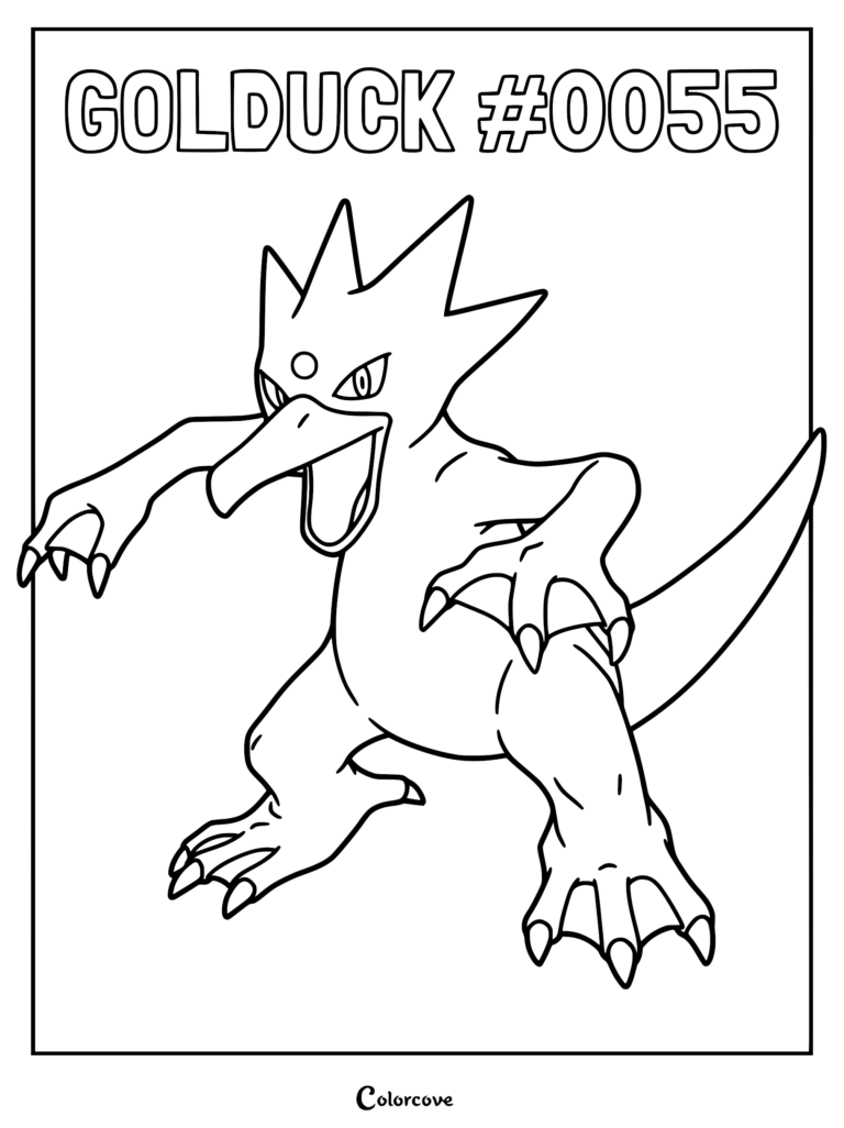 Golduck standing in a dynamic pose with its mouth open, featured on a printable coloring page.