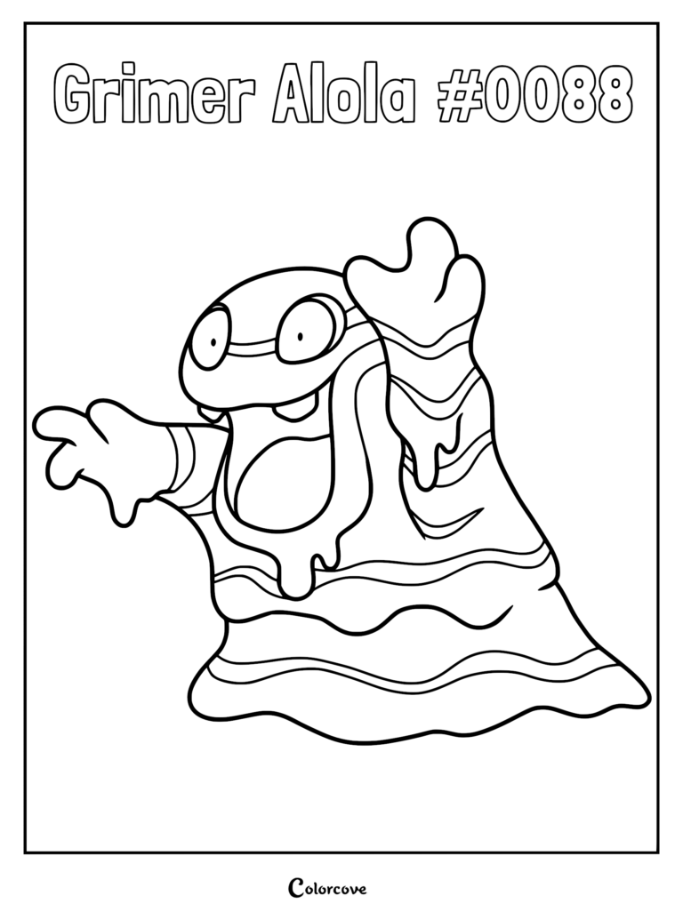 Alolan Grimer with wide open mouth and raised arms in a printable coloring page format.