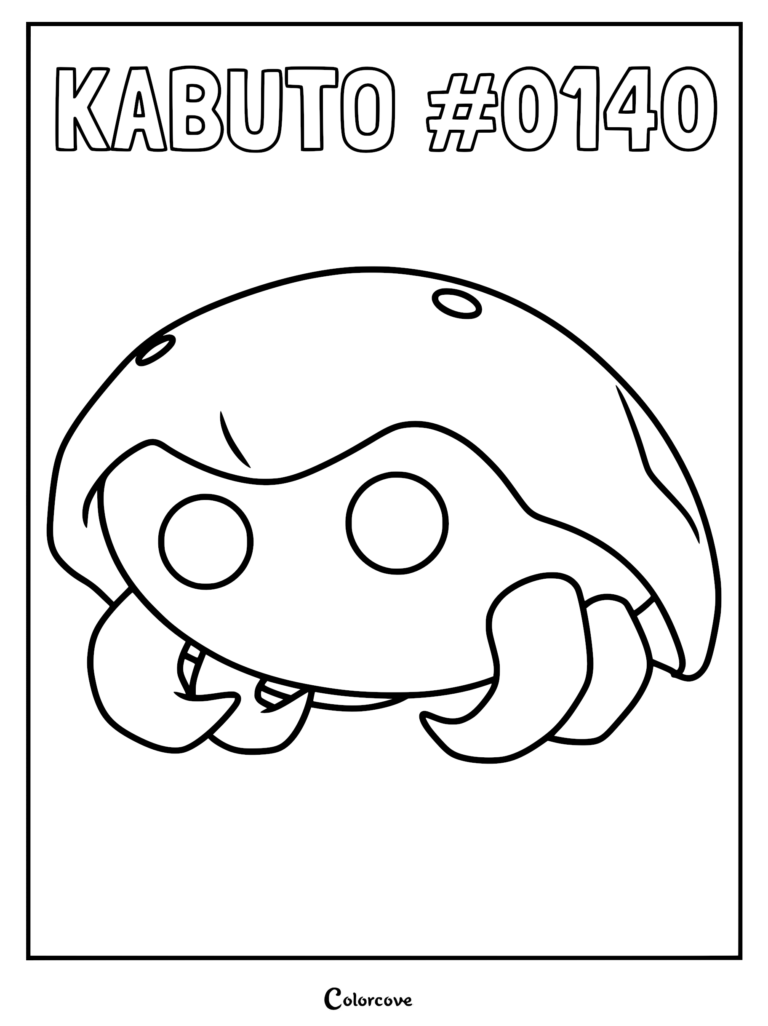 A printable Kabuto coloring page featuring the Kanto fossil Pokemon with its signature dome shell and curved claws.
