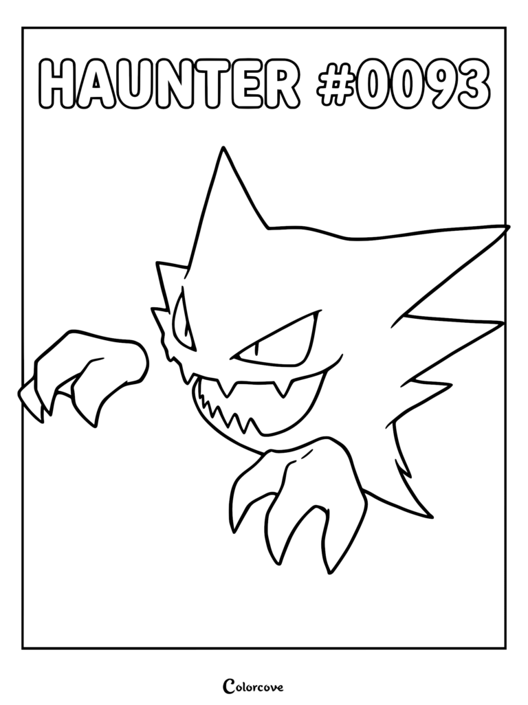 A printable Haunter Pokemon coloring page featuring the ghost-type creature with sharp teeth and floating hands.