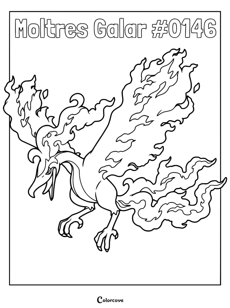 Galarian Moltres with large flaming wings and tail in a printable coloring page format.