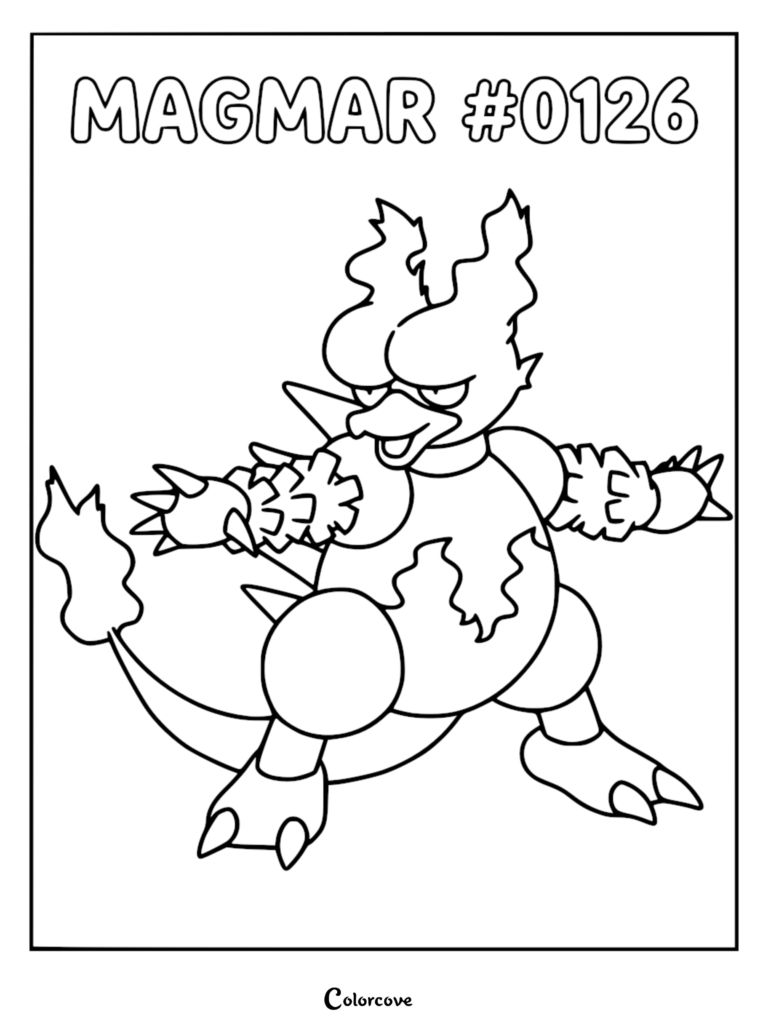Magmar standing in a dynamic pose with flame-like head features and a tail, featured on a printable coloring page.